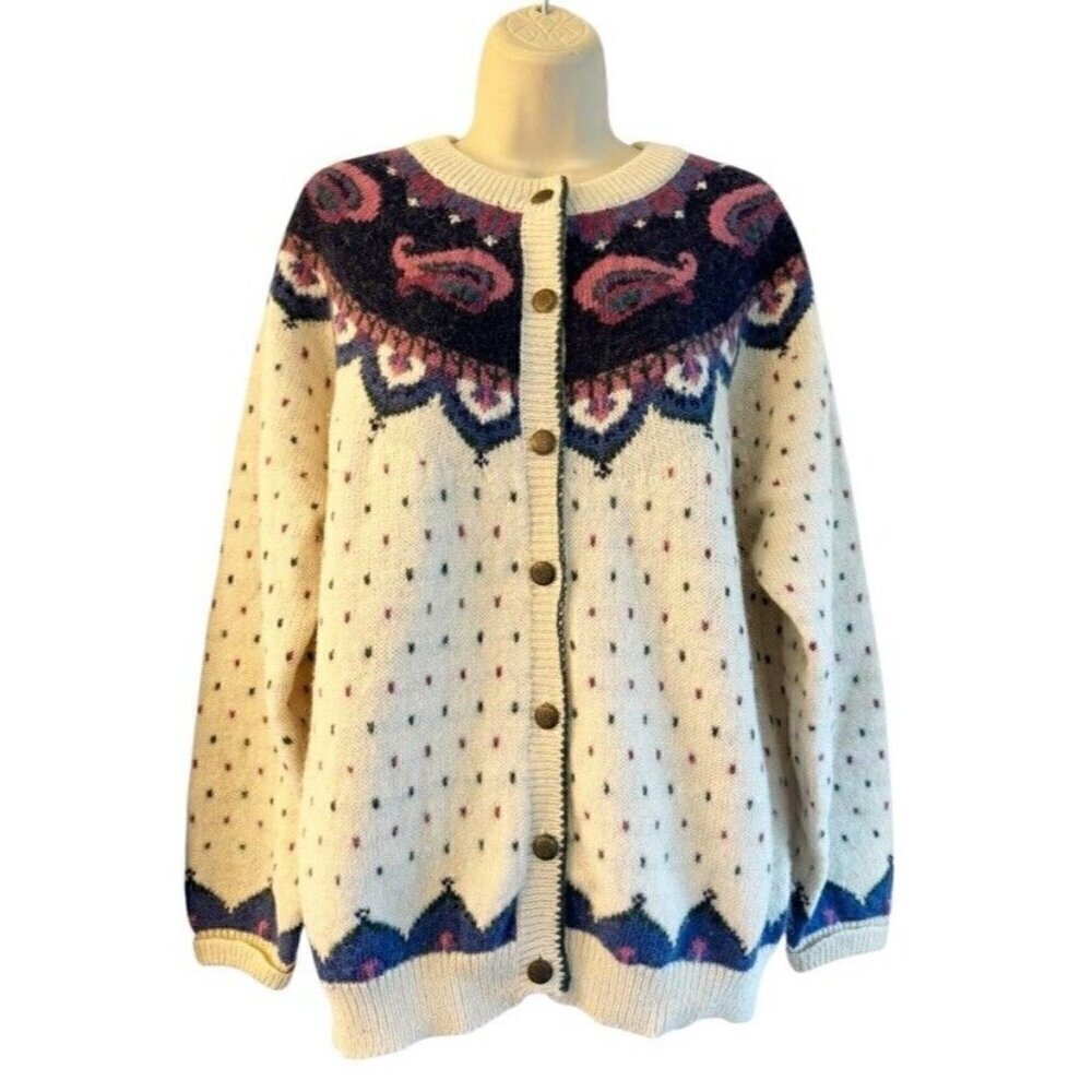 Vintage Woolrich Woman's Sz L Cream Blue Paisley Wool Blend Button Cardigan